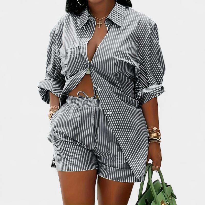 Gleame.-Gleame 2-delig set - Dames chique gestreepte blouse met lange mouwen en elastische korte broek met zakken