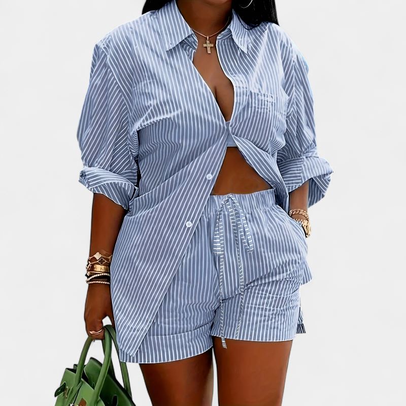 Gleame.-Gleame 2-delig set - Dames chique gestreepte blouse met lange mouwen en elastische korte broek met zakken