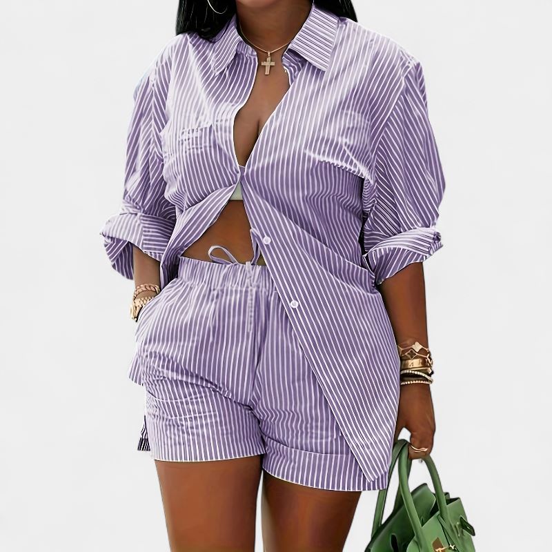 Gleame.-Gleame 2-delig set - Dames chique gestreepte blouse met lange mouwen en elastische korte broek met zakken