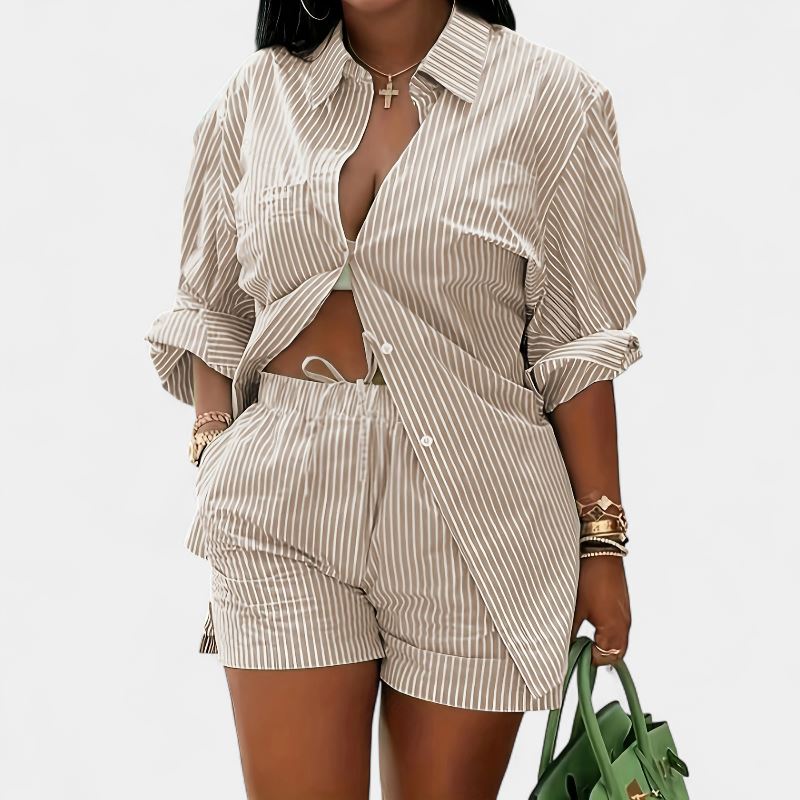 Gleame.-Gleame 2-delig set - Dames chique gestreepte blouse met lange mouwen en elastische korte broek met zakken