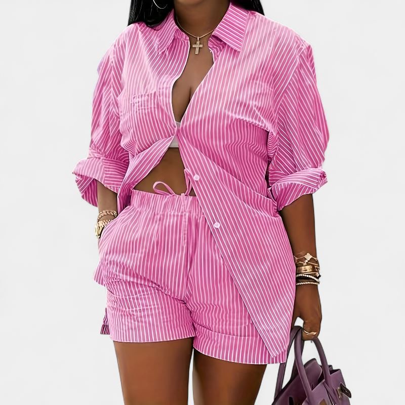 Gleame.-Gleame 2-delig set - Dames chique gestreepte blouse met lange mouwen en elastische korte broek met zakken