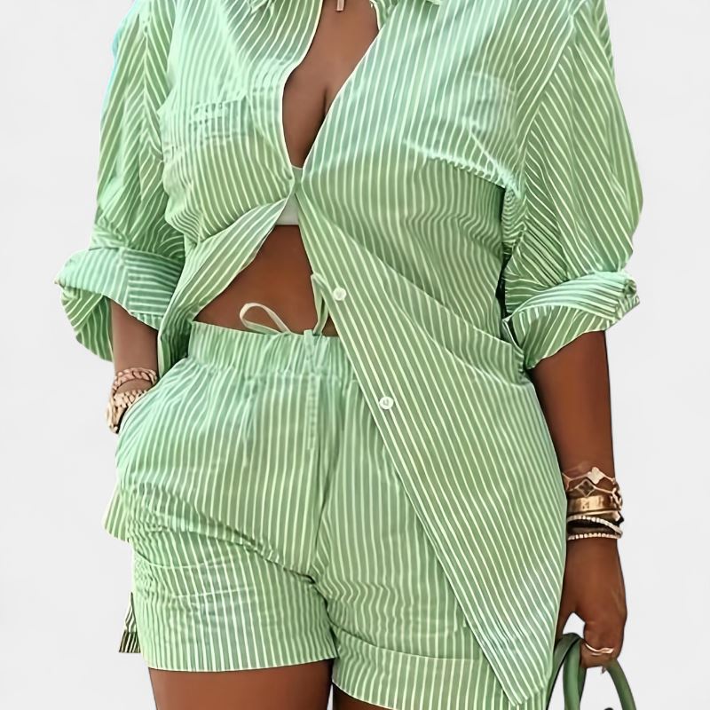 Gleame.-Gleame 2-delig set - Dames chique gestreepte blouse met lange mouwen en elastische korte broek met zakken