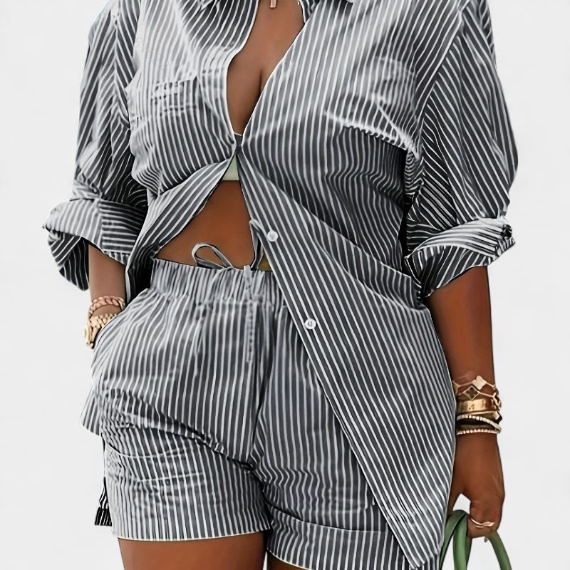 Gleame.-Gleame 2-delig set - Dames chique gestreepte blouse met lange mouwen en elastische korte broek met zakken