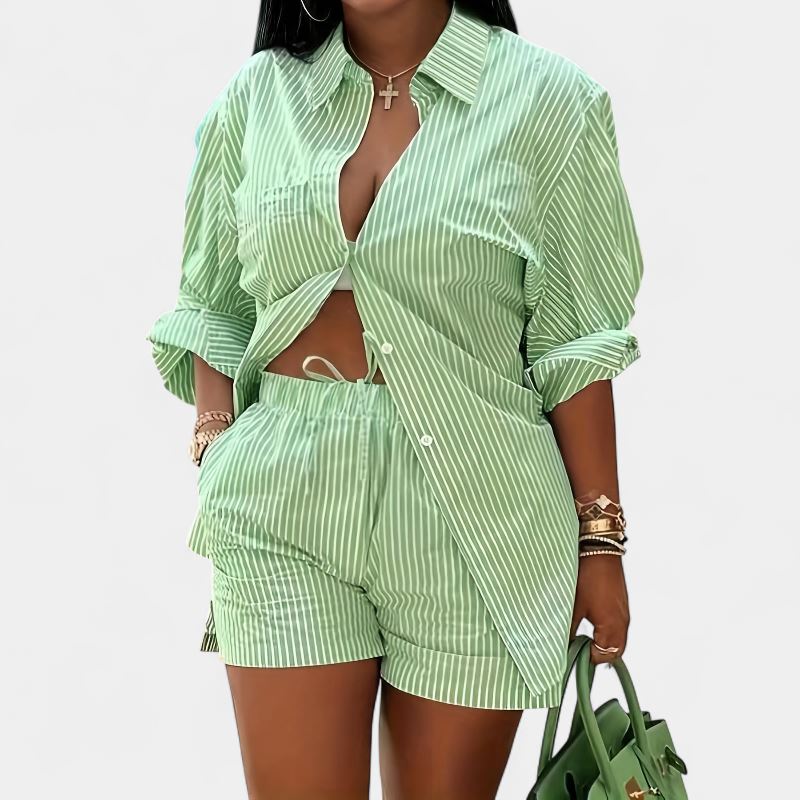 Gleame.-Gleame 2-delig set - Dames chique gestreepte blouse met lange mouwen en elastische korte broek met zakken