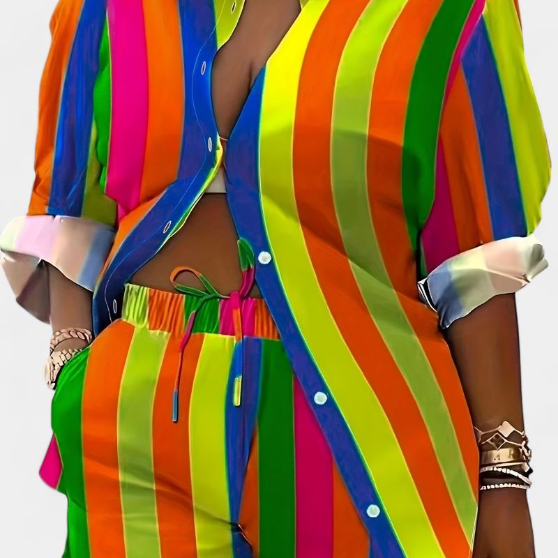 Gleame.-Gleame 2-delig set - Dames chique gestreepte blouse met lange mouwen en elastische korte broek met zakken