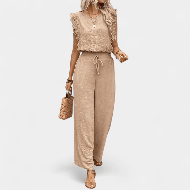 Gleame.-Gleame 2-delig set - Dames elegante broek met kanten details en bijpassende top