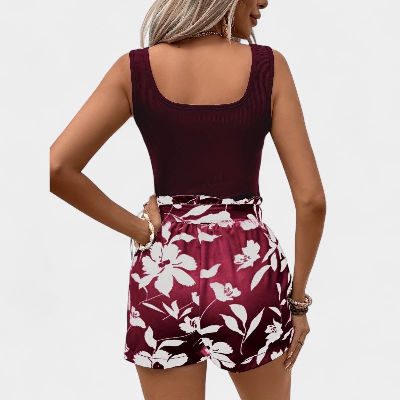 Gleame.-Gleame 2-delig set - Dames elegante mouwloze top en bloemenprint short met ceintuur