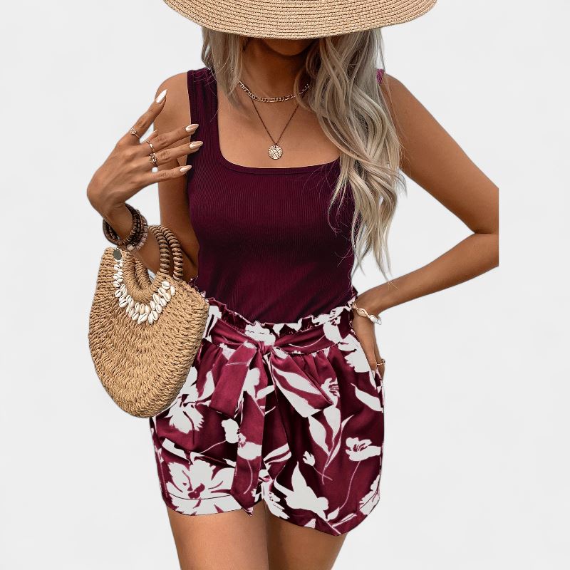 Gleame.-Gleame 2-delig set - Dames elegante mouwloze top en bloemenprint short met ceintuur