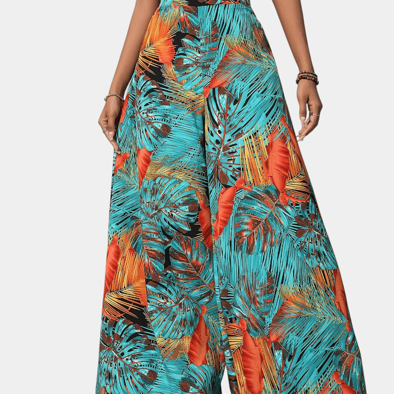 Gleame.-Gleame Broek - Bohemian chiffon wijde pijpen met bloemenprint, hoge elastische tailleband