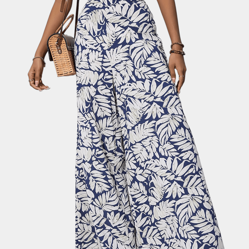 Gleame.-Gleame Broek - Bohemian chiffon wijde pijpen met bloemenprint, hoge elastische tailleband