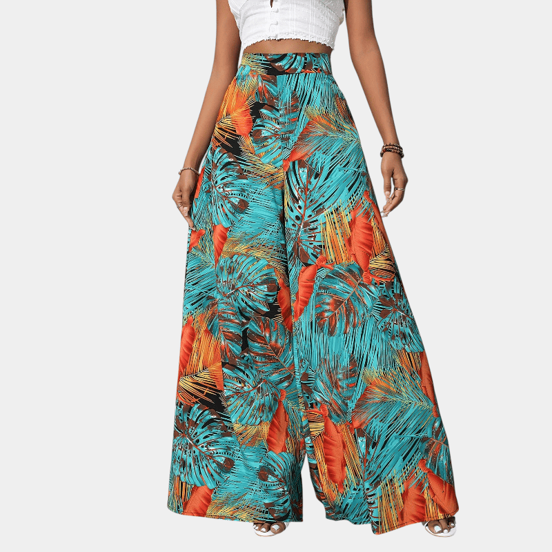 Gleame.-Gleame Broek - Bohemian chiffon wijde pijpen met bloemenprint, hoge elastische tailleband