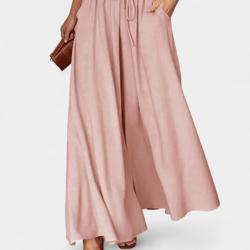 Gleame.-Gleame Broek - Dames wijde broek met elastische taille en ceintuur