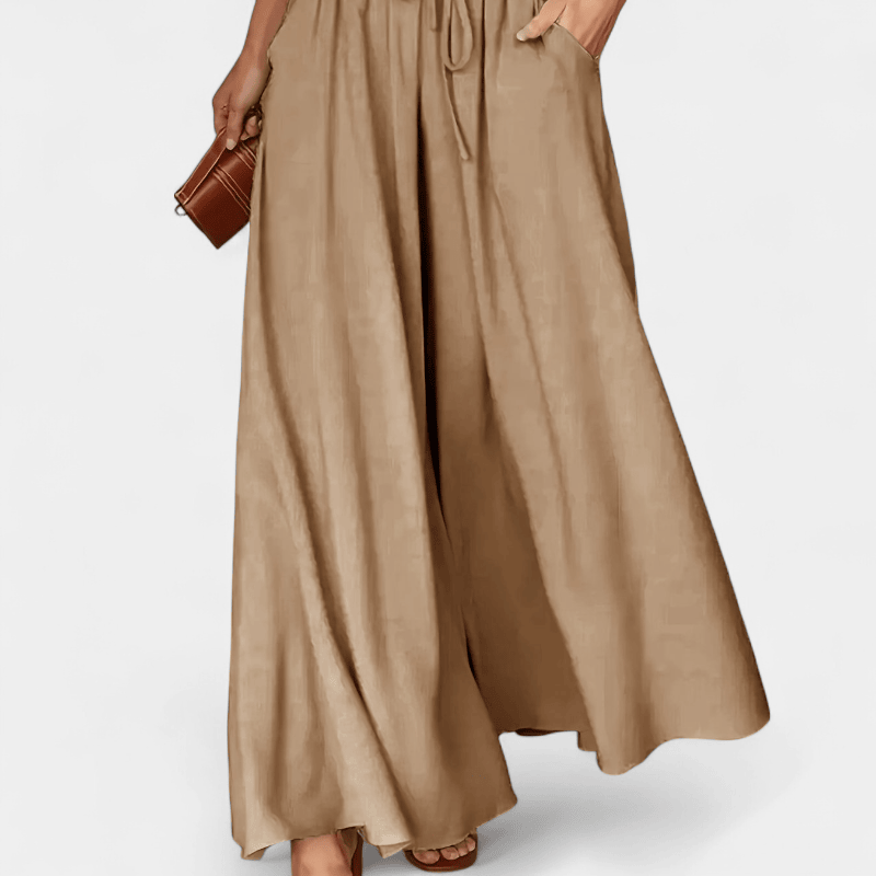 Gleame.-Gleame Broek - Dames wijde broek met elastische taille en ceintuur