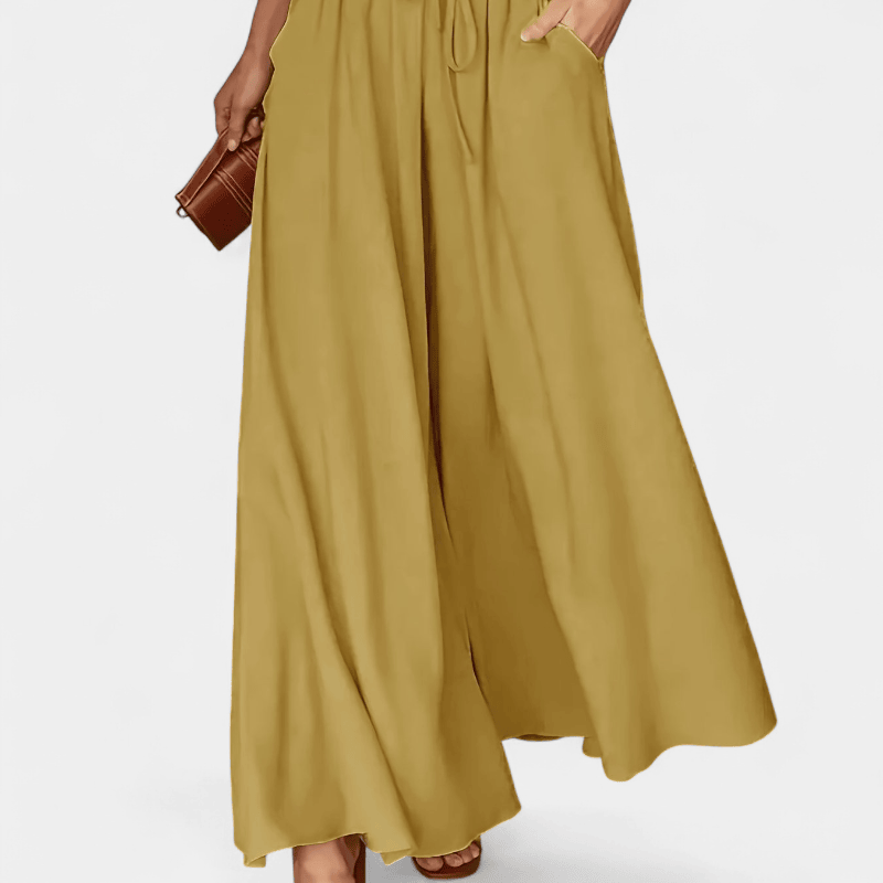 Gleame.-Gleame Broek - Dames wijde broek met elastische taille en ceintuur