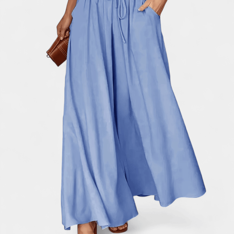 Gleame.-Gleame Broek - Dames wijde broek met elastische taille en ceintuur