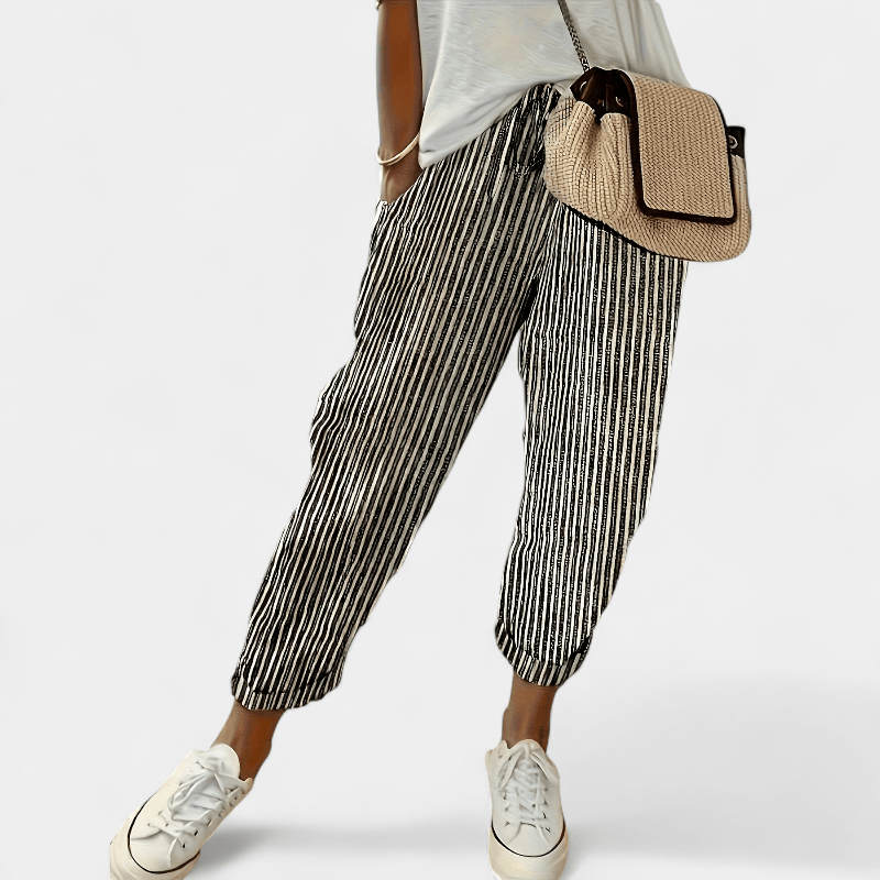 Gleame.-Gleame Broek - Dames gestreepte wijde broek met hoge taille van lichtgewicht polyester