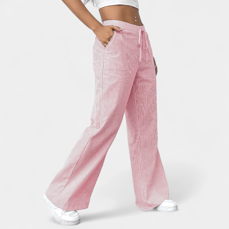 Gleame.-Gleame Broek - Wijde pijpen met schuine zakken, casual gestreept dessin en elastische taille met trekkoord