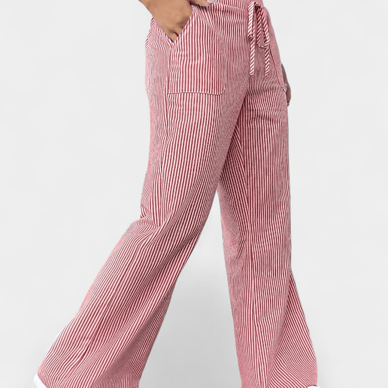 Gleame.-Gleame Broek - Wijde pijpen met schuine zakken, casual gestreept dessin en elastische taille met trekkoord