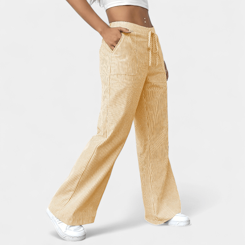 Gleame.-Gleame Broek - Wijde pijpen met schuine zakken, casual gestreept dessin en elastische taille met trekkoord