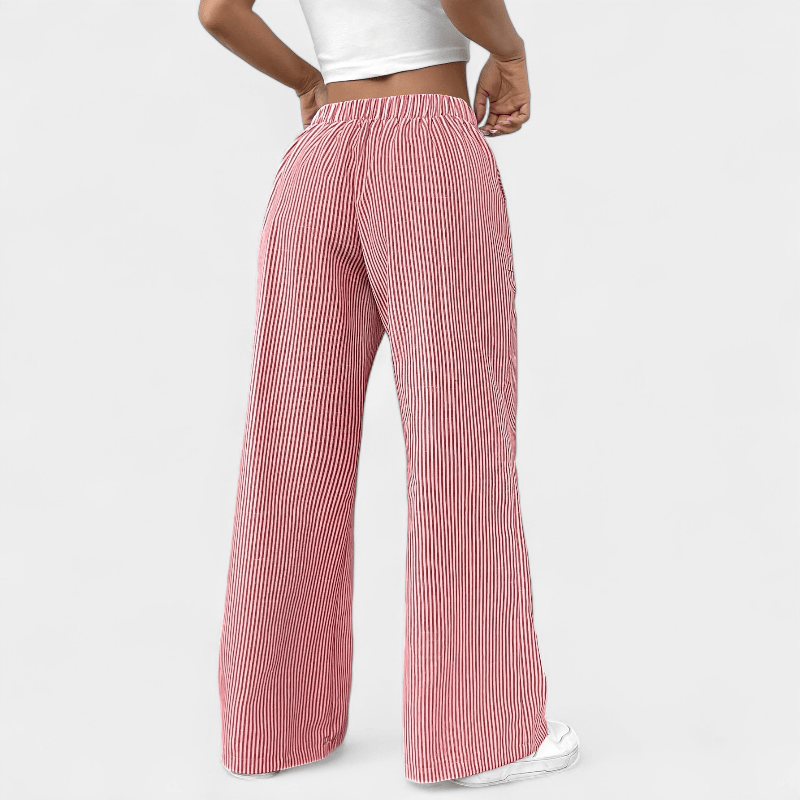 Gleame.-Gleame Broek - Wijde pijpen met schuine zakken, casual gestreept dessin en elastische taille met trekkoord