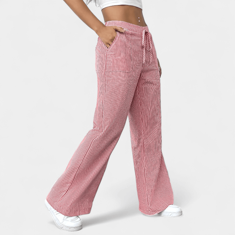 Gleame.-Gleame Broek - Wijde pijpen met schuine zakken, casual gestreept dessin en elastische taille met trekkoord