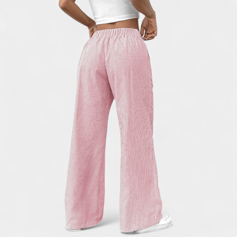 Gleame.-Gleame Broek - Wijde pijpen met schuine zakken, casual gestreept dessin en elastische taille met trekkoord