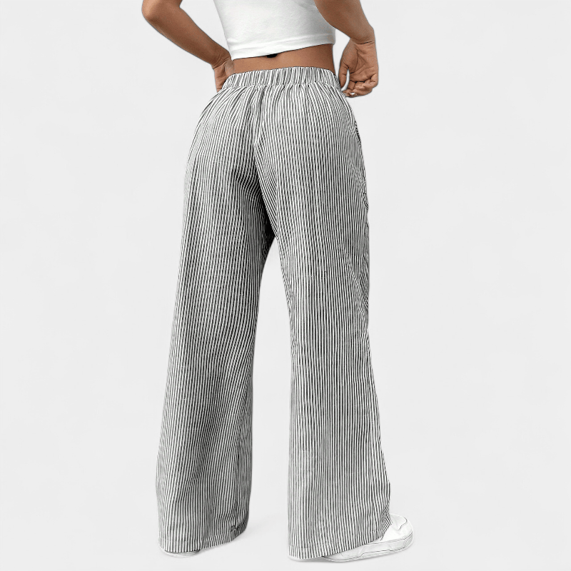 Gleame.-Gleame Broek - Wijde pijpen met schuine zakken, casual gestreept dessin en elastische taille met trekkoord