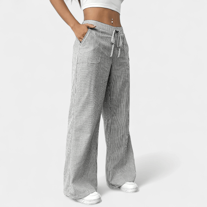 Gleame.-Gleame Broek - Wijde pijpen met schuine zakken, casual gestreept dessin en elastische taille met trekkoord