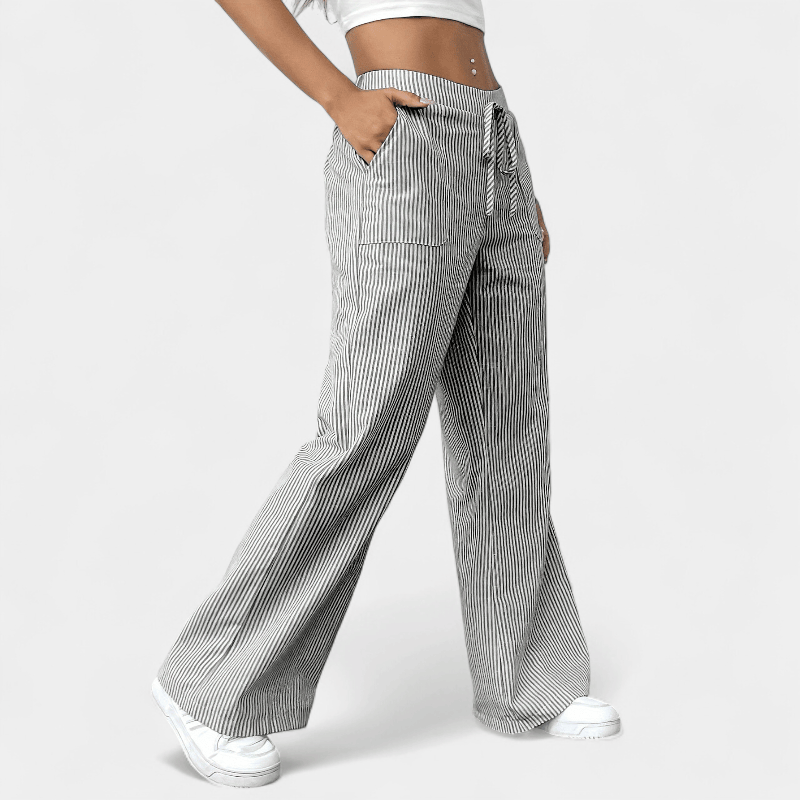 Gleame.-Gleame Broek - Wijde pijpen met schuine zakken, casual gestreept dessin en elastische taille met trekkoord