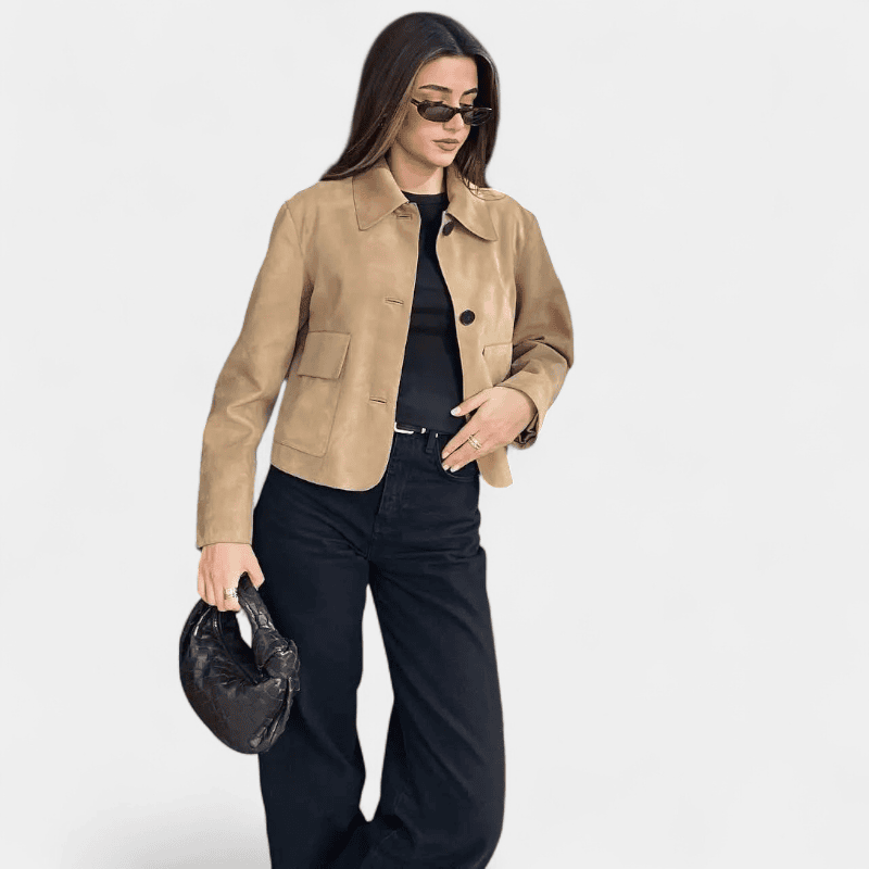 Gleame.-Gleame Jas - Vintage cropped jas van suèdine met lange mouwen en klepzakken