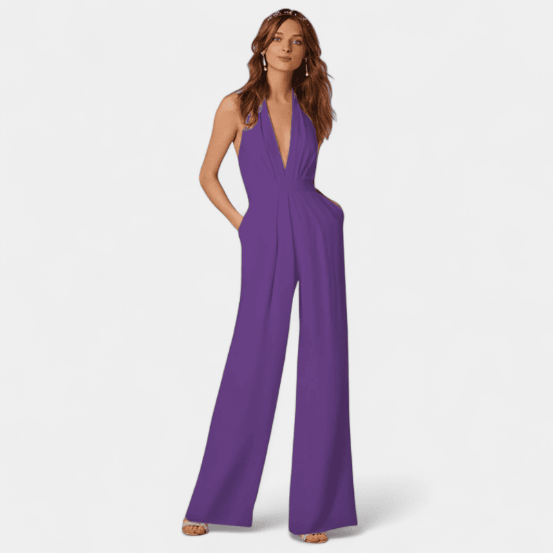 Gleame.-Gleame Jumpsuit - Mouwloze jumpsuit met wijde pijpen en diepe V-hals