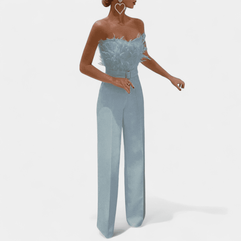 Gleame.-Gleame Jumpsuit - Strapless jumpsuit met veren top en hoge taille