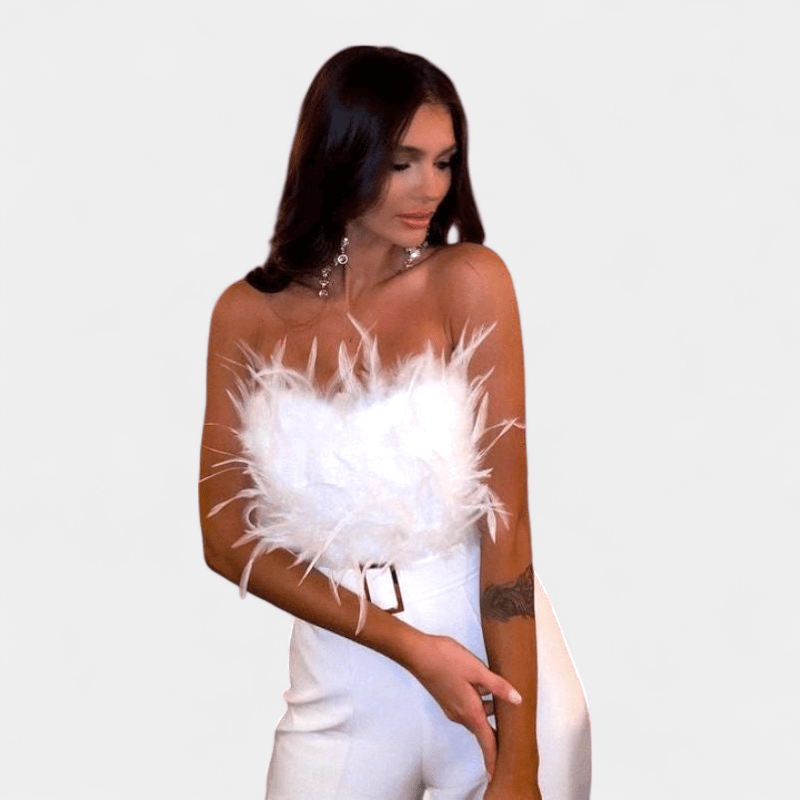 Gleame.-Gleame Jumpsuit - Strapless jumpsuit met veren top en hoge taille