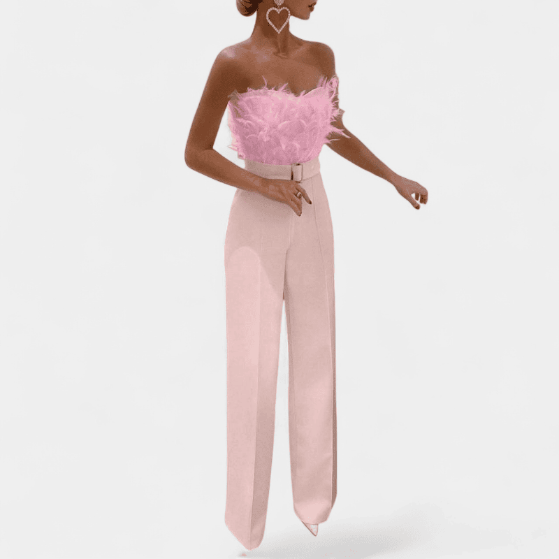 Gleame.-Gleame Jumpsuit - Strapless jumpsuit met veren top en hoge taille