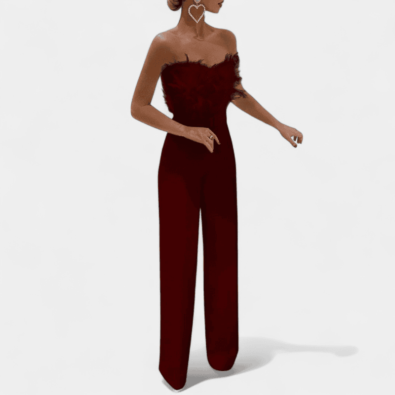 Gleame.-Gleame Jumpsuit - Strapless jumpsuit met veren top en hoge taille