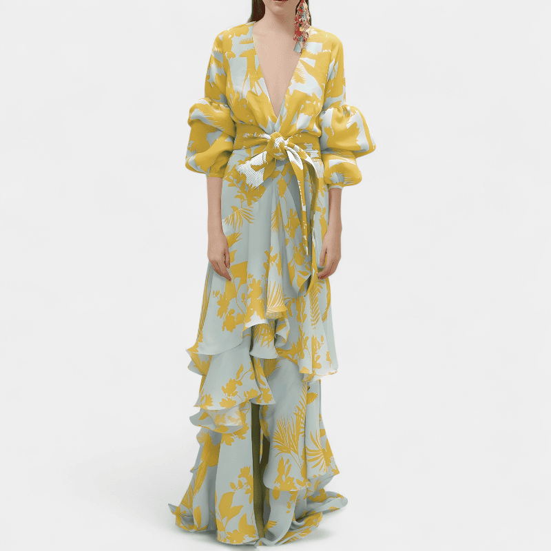 Gleame.-Gleame Jurk - Elegante chiffon jurk met hoog tailleband en asymmetrische volantdetails