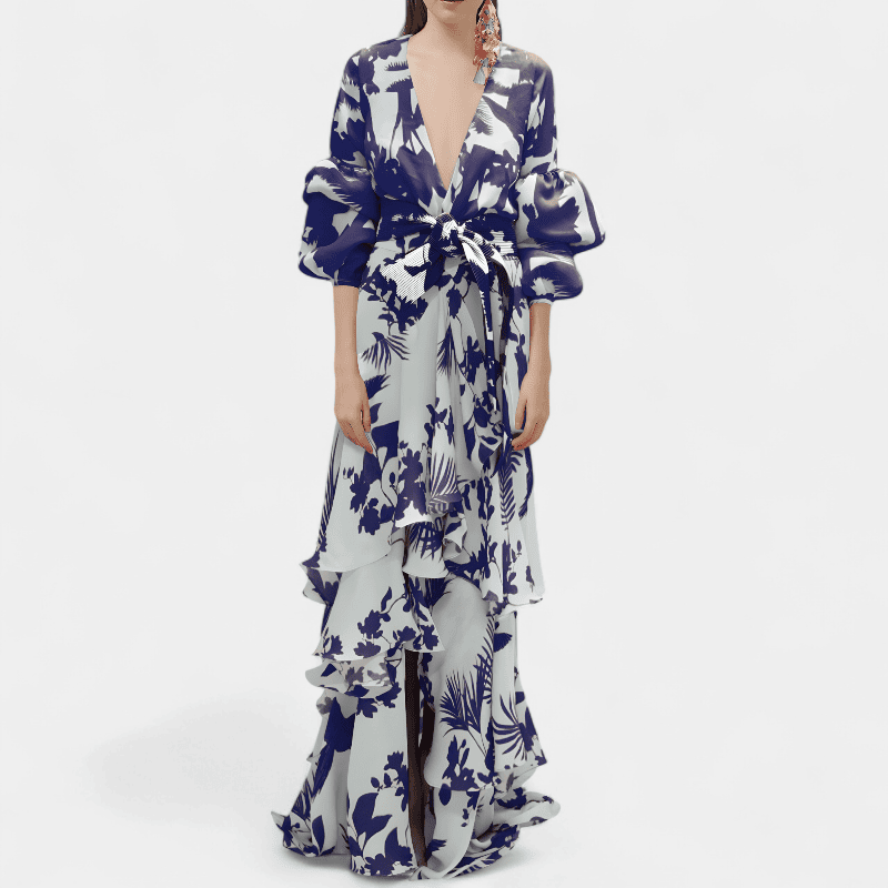 Gleame.-Gleame Jurk - Elegante chiffon jurk met hoog tailleband en asymmetrische volantdetails