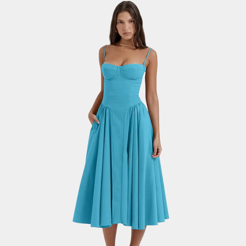 Gleame.-Gleame Jurk - Elegante midi-jurk met smalle bandjes en aansluitend lijfje voor een verfijnde look