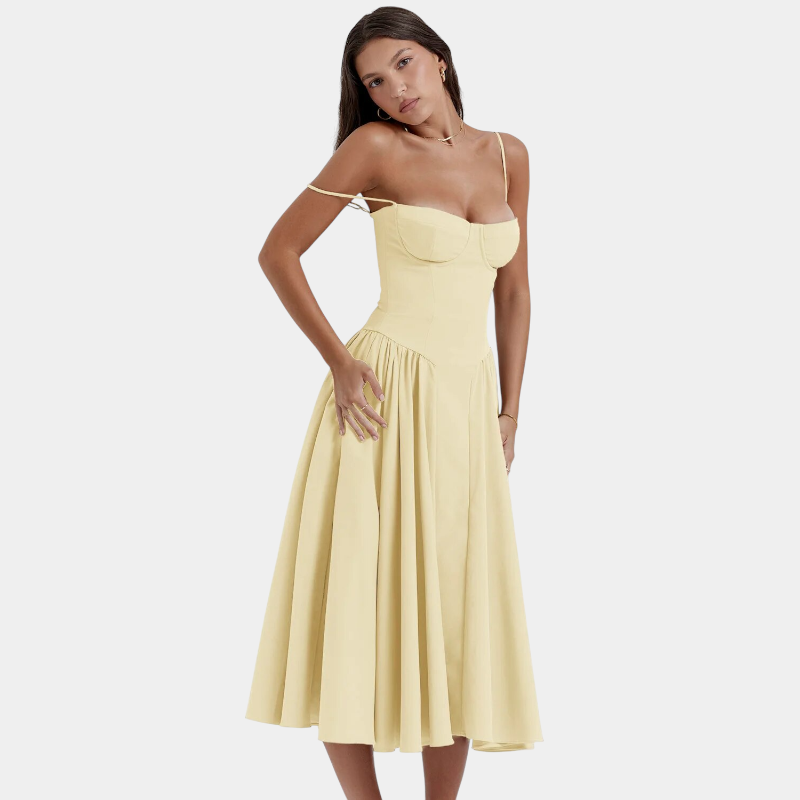 Gleame.-Gleame Jurk - Elegante midi-jurk met smalle bandjes en aansluitend lijfje voor een verfijnde look