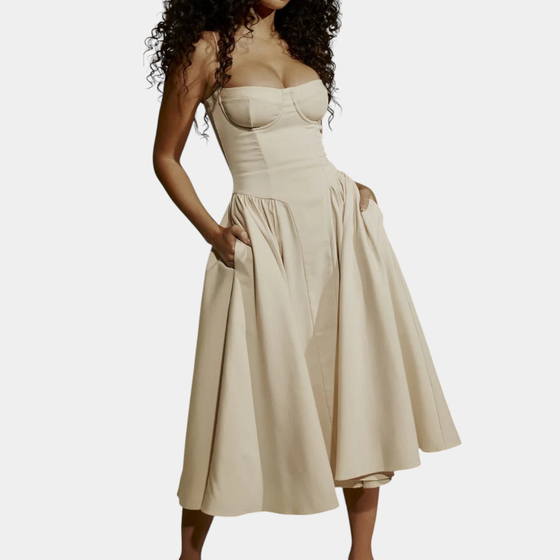 Gleame.-Gleame Jurk - Elegante midi-jurk met smalle bandjes en aansluitend lijfje voor een verfijnde look