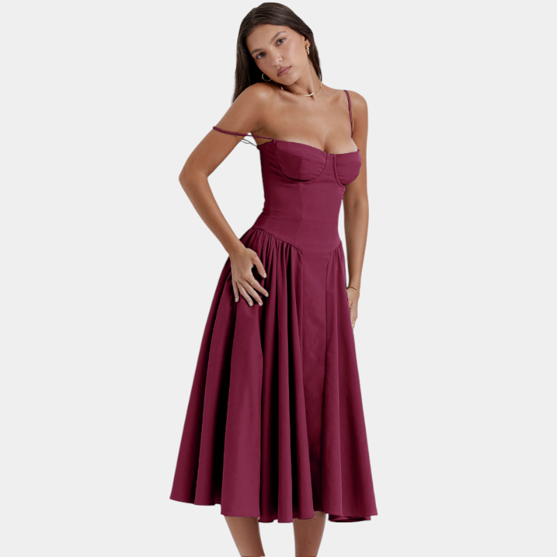 Gleame.-Gleame Jurk - Elegante midi-jurk met smalle bandjes en aansluitend lijfje voor een verfijnde look