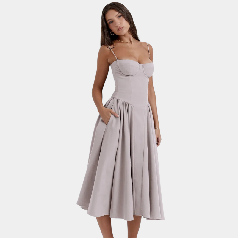 Gleame.-Gleame Jurk - Elegante midi-jurk met smalle bandjes en aansluitend lijfje voor een verfijnde look