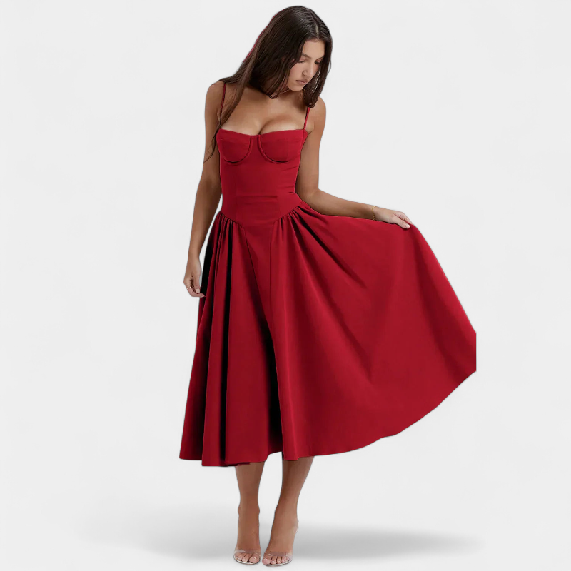 Gleame.-Gleame Jurk - Elegante midi-jurk met smalle bandjes en aansluitend lijfje voor een verfijnde look