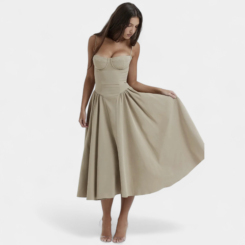 Gleame.-Gleame Jurk - Elegante midi-jurk met smalle bandjes en aansluitend lijfje voor een verfijnde look