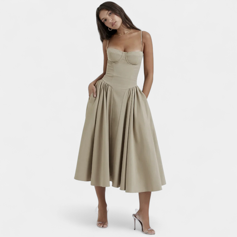 Gleame.-Gleame Jurk - Elegante midi-jurk met smalle bandjes en aansluitend lijfje voor een verfijnde look