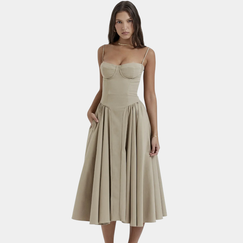 Gleame.-Gleame Jurk - Elegante midi-jurk met smalle bandjes en aansluitend lijfje voor een verfijnde look