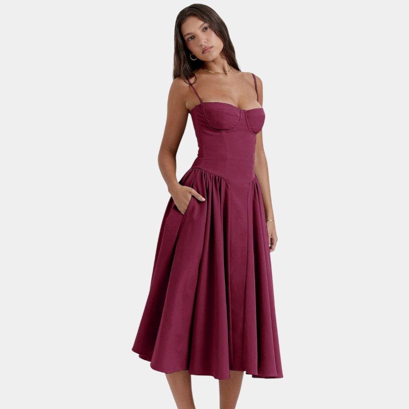 Gleame.-Gleame Jurk - Elegante midi-jurk met smalle bandjes en aansluitend lijfje voor een verfijnde look