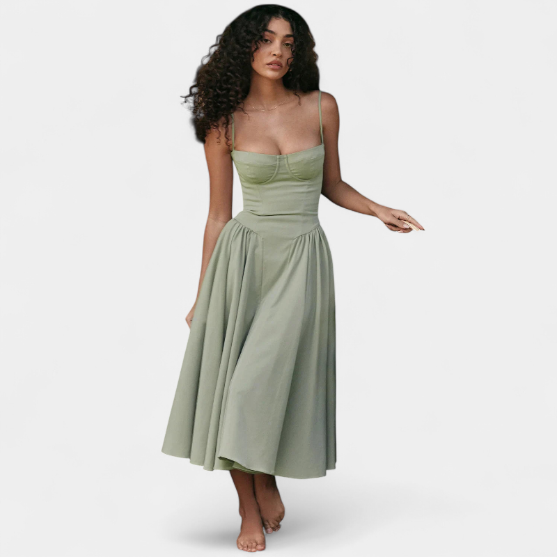 Gleame.-Gleame Jurk - Elegante midi-jurk met smalle bandjes en aansluitend lijfje voor een verfijnde look