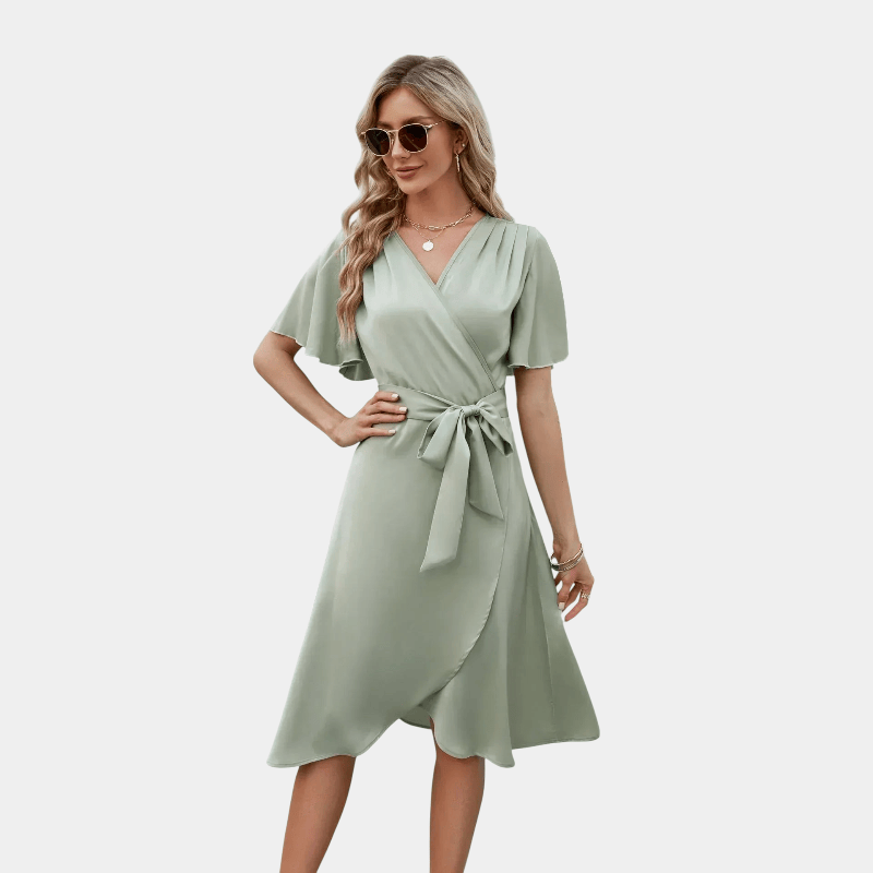 Gleame.-Gleame Jurk - elegante wikkeljurk met strikdetail en korte mouwen