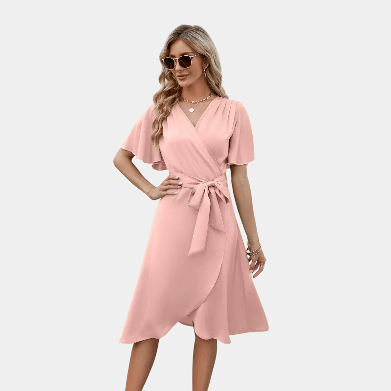 Gleame.-Gleame Jurk - elegante wikkeljurk met strikdetail en korte mouwen